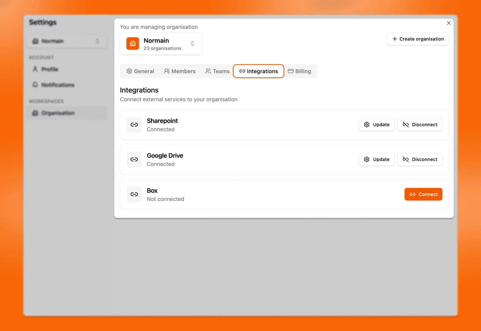 The Integrations panel in Organization settings with Connect buttons per provider.