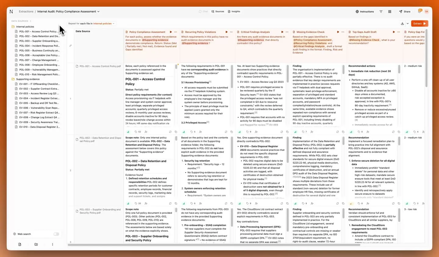 Results being downloaded as a spreadsheet with confidence levels and source references included.
