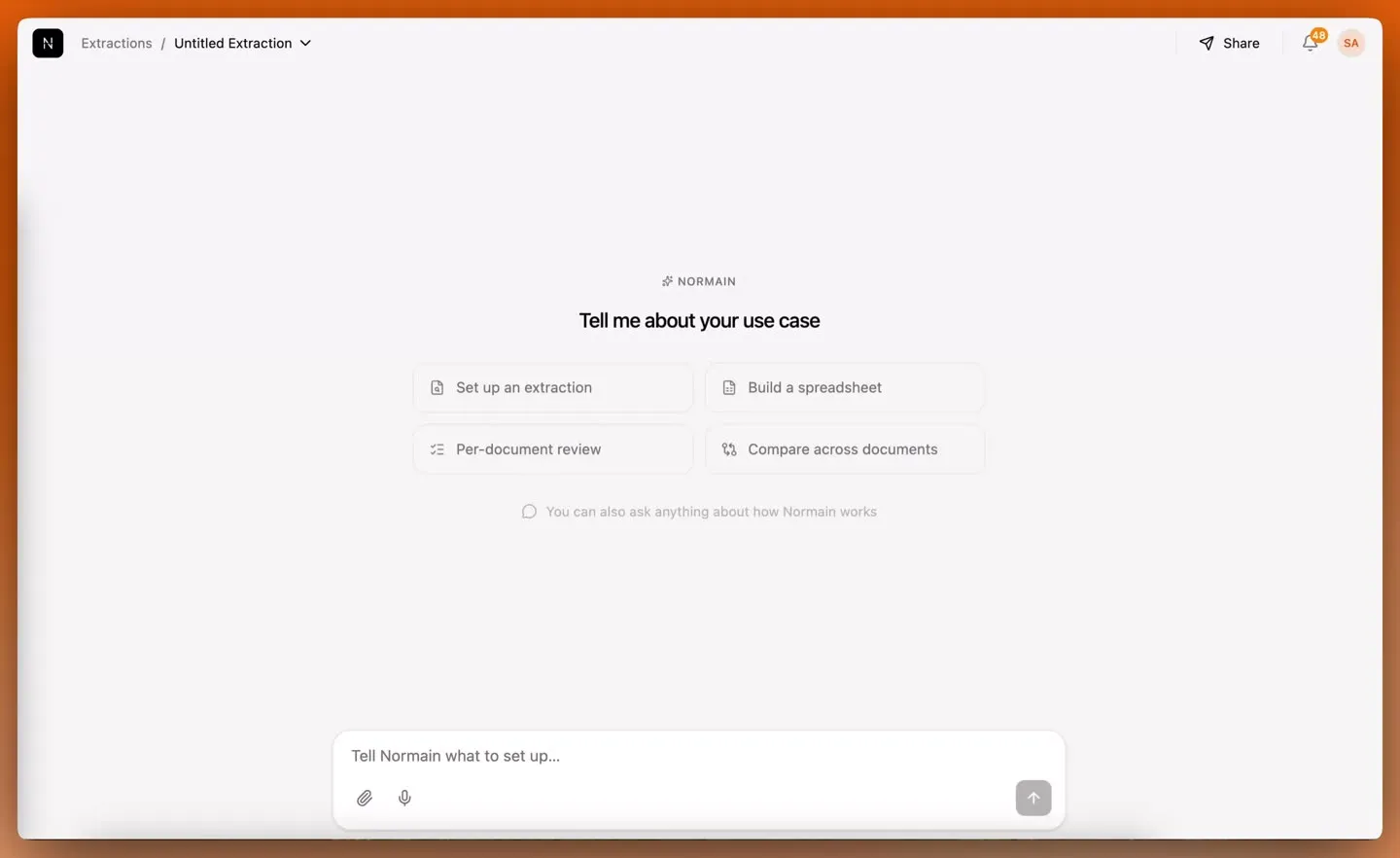 An extraction being configured from a plain-English description typed into the chat panel.